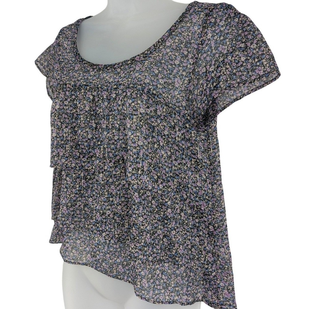 American Eagle Floral Tiered Blouse L Black Purple Metallic Gold Zip Back Boho